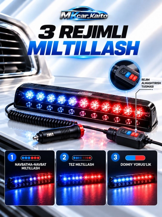 Chiroqli oyna (oynacha) — S12 kuchli LED migalka, 12V, oq chiroq, 3 rejim