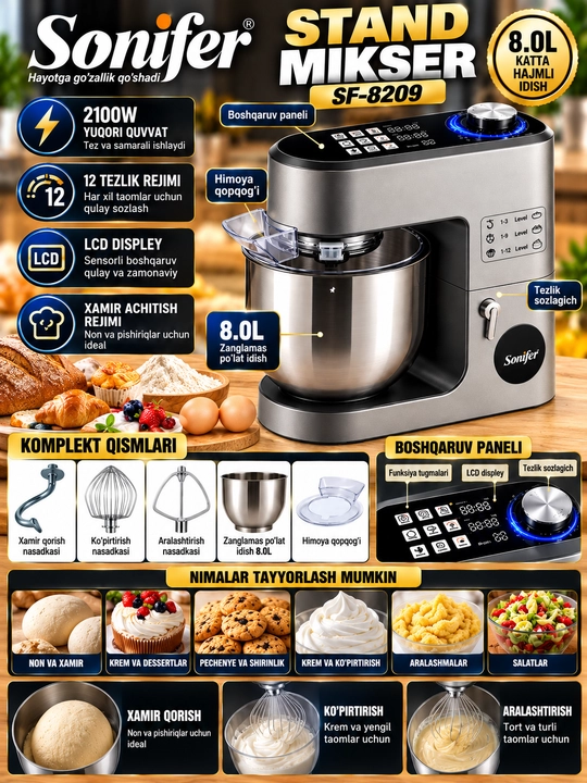 Sonifer SF-8209 Planetar mikser, 2100 W, 8 litr