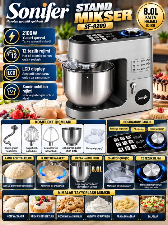 Sonifer SF-8209 Planetar mikser, 2100 W, 8 litr