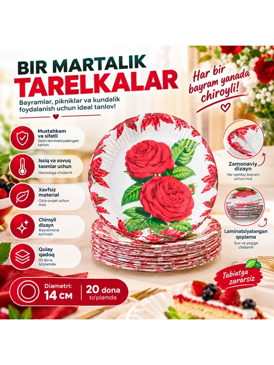 Bir martalik tarelkalar 14 sm 20 dona, Laminatlangan karton issiq-sovuq uchun - 