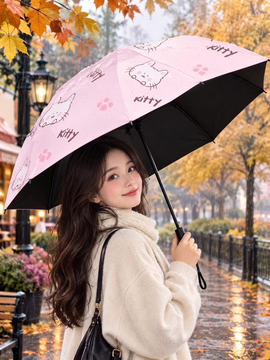 Hello Kitty logotipdan soyabon, buklanadigan, polyester, UVdan himoya, egiluvchan simli