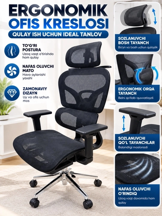 Kreslo ergonomik ofis uchun, bosh va bel tayanchli, g‘ildirakli,