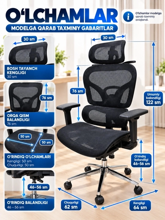 Kreslo ergonomik ofis uchun, bosh va bel tayanchli, g‘ildirakli,