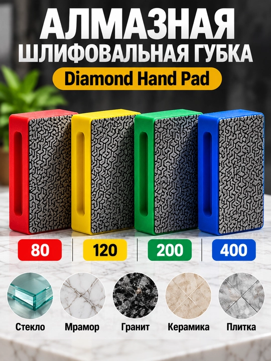 Алмазная ручная шлифовальная губка Diamond Hand Pad — зернистость 80, 120, 200, 400 - 
