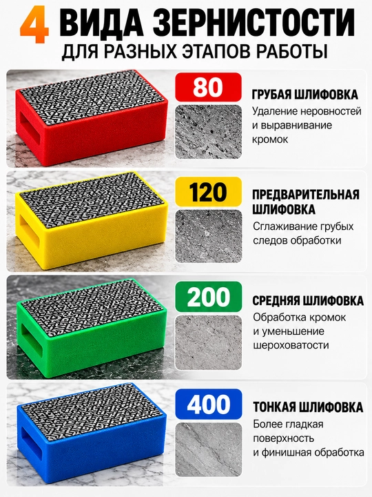 Olmosli qo‘l silliqlash gubkasi Diamond Hand Pad — 80, 120, 200, 400