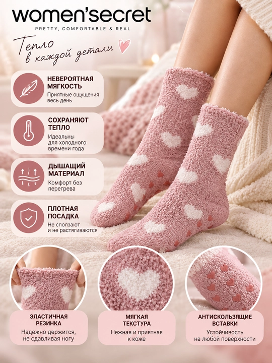 Женские тёплые пушистые носки Women’secret с сердечками, розовые, 3618708