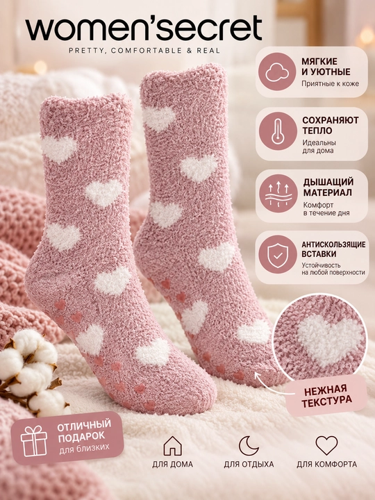 Женские тёплые пушистые носки Women’secret с сердечками, розовые, 3618708 - 