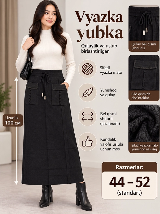 Ayollar uchun to‘qima midiva uzun yubka – qulay, elegant va har kunga mos zamonaviy stil - 