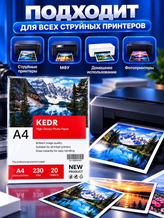 KEDR siyoh purkagichli printer uchun yaltiroq fot qog‘oz, turli formatlar