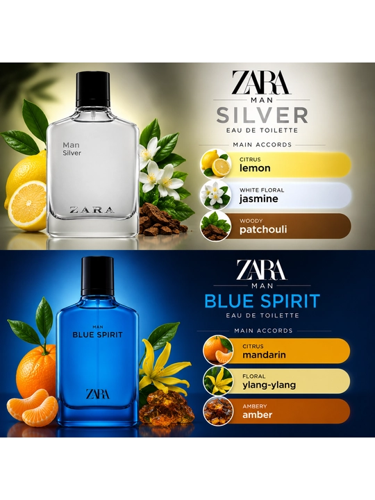 ZARA Silver+Blue Spirit набор мужской туалетной воды 2×100мл свежий древесный и аква арома