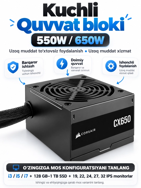 Kompyuter, korpus va monitor o‘yinlar va ofis uchun tayyor to‘plam DDR3 16 GB, SSD 512 GB