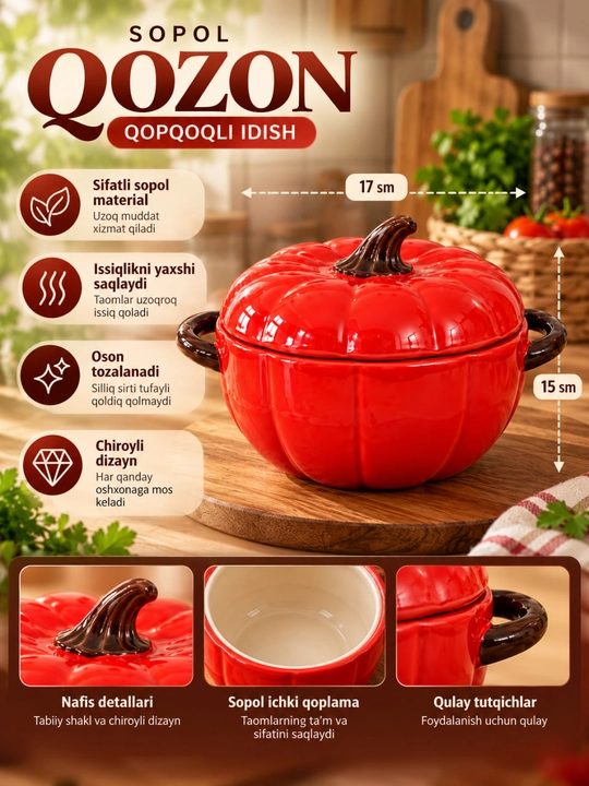 Qizil qovoq shaklidagi qozon, qopqoqli sopol idish, dekorativ mini qozon - 