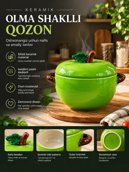 Olma shaklidagi qozon, yashil sopol idish, qopqoqli mini qozon - 