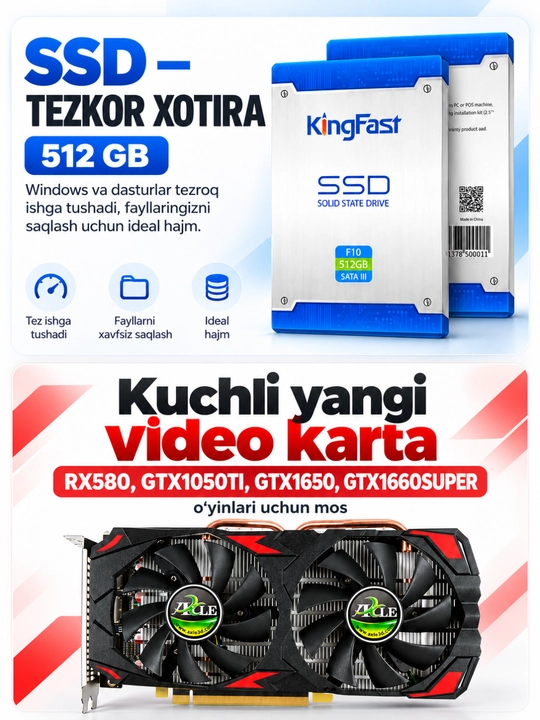Kompyuter, korpus va monitor o‘yinlar va ofis uchun tayyor to‘plam DDR3 16 GB, SSD 512 GB