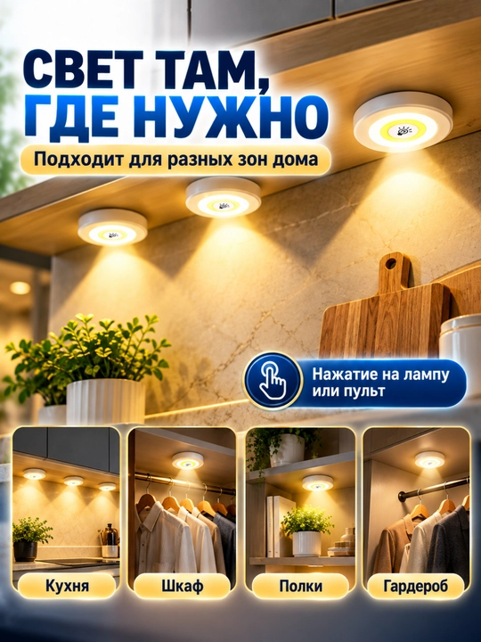 LED chiroq, simsiz sensorli lampa, pultli shkaf va oshxona uchun yoritgich, 3 dona