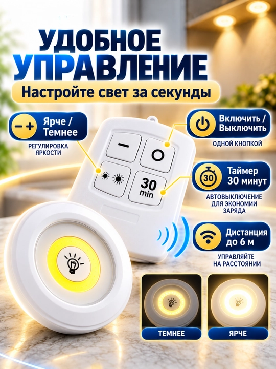 LED chiroq, simsiz sensorli lampa, pultli shkaf va oshxona uchun yoritgich, 3 dona