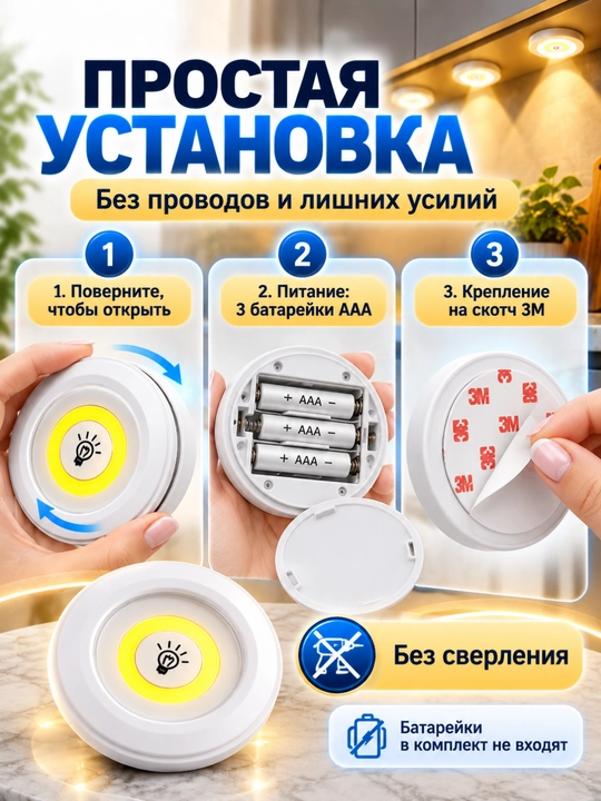 LED chiroq, simsiz sensorli lampa, pultli shkaf va oshxona uchun yoritgich, 3 dona