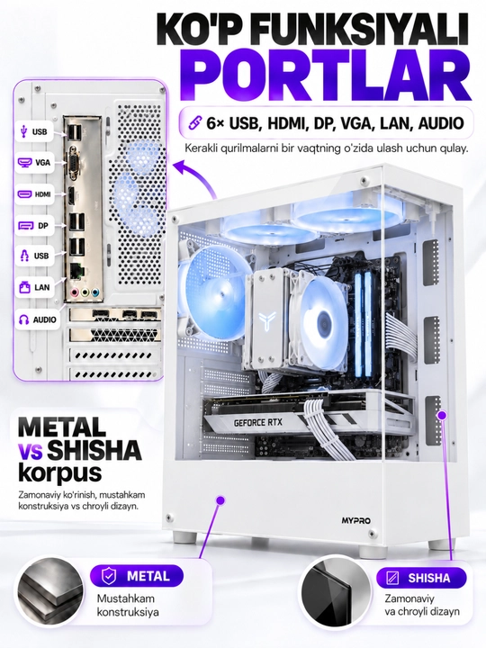 Kompyuter, korpus va monitor o‘yinlar va ofis uchun tayyor to‘plam, DDR3 8 GB, SSD 512 GB