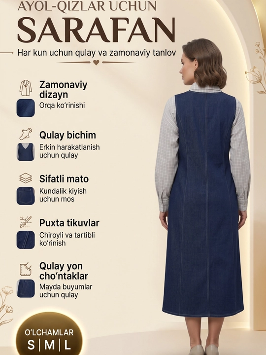 Ayollar uchun uzun, paxtali jinsi sarafan.Ayollar uchun to‘q ko‘k jinsi sarafan