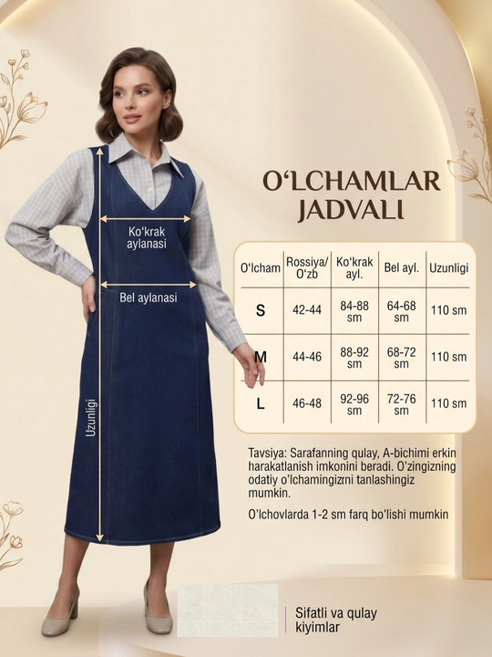 Ayollar uchun uzun, paxtali jinsi sarafan.Ayollar uchun to‘q ko‘k jinsi sarafan