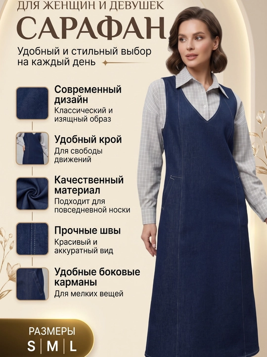 Ayollar uchun uzun, paxtali jinsi sarafan.Ayollar uchun to‘q ko‘k jinsi sarafan