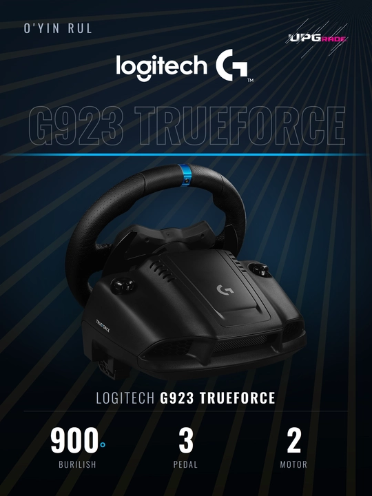 Pedalli o'yin rul Logitech G923 TRUEFORCE PS5, PS4 va kompyuter uchun, 900°, qora