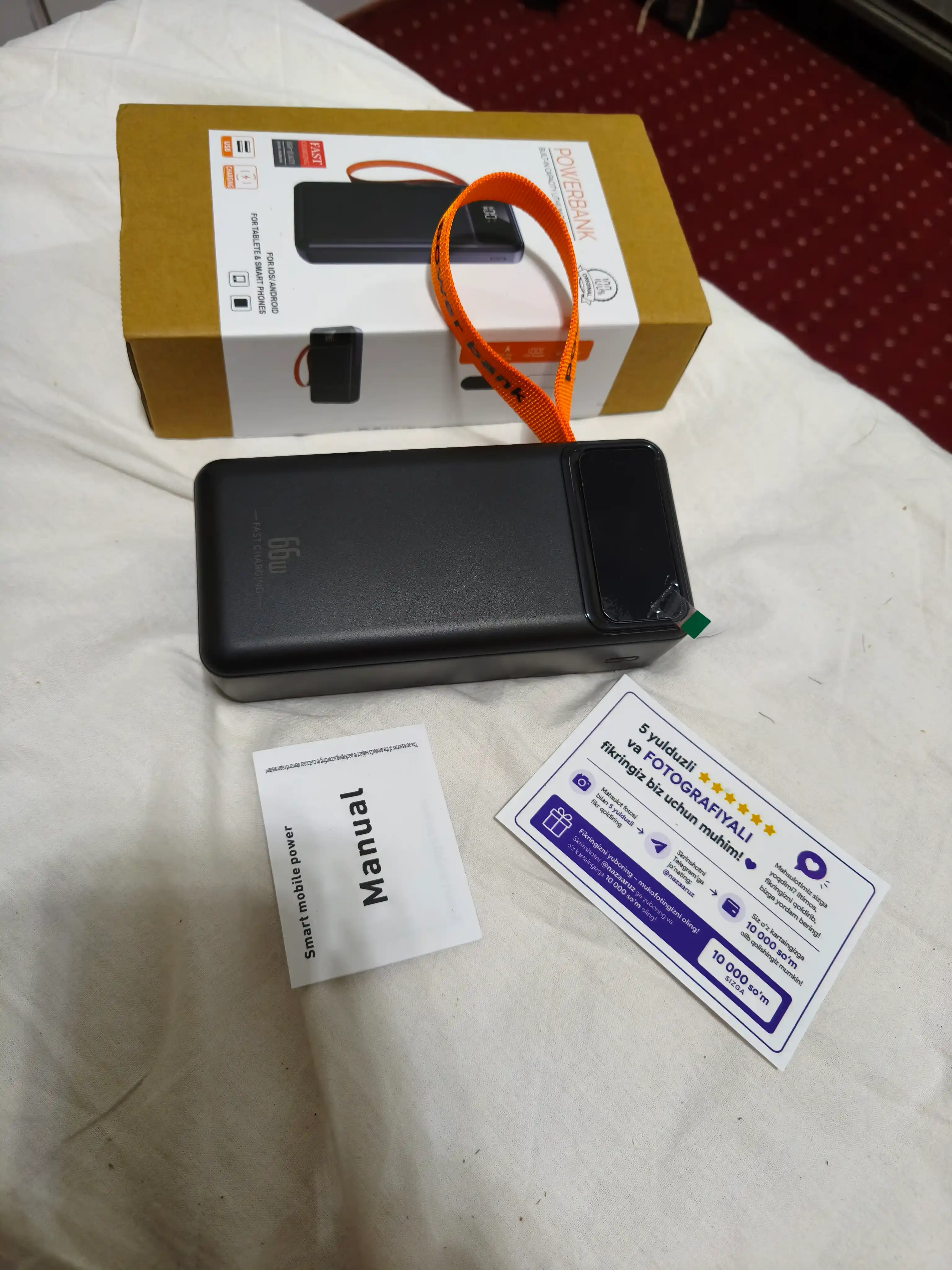 Power Bank 20000mA 66W tezkor quvvat bilan tashqi akkumulyatori +4 kabel bilan