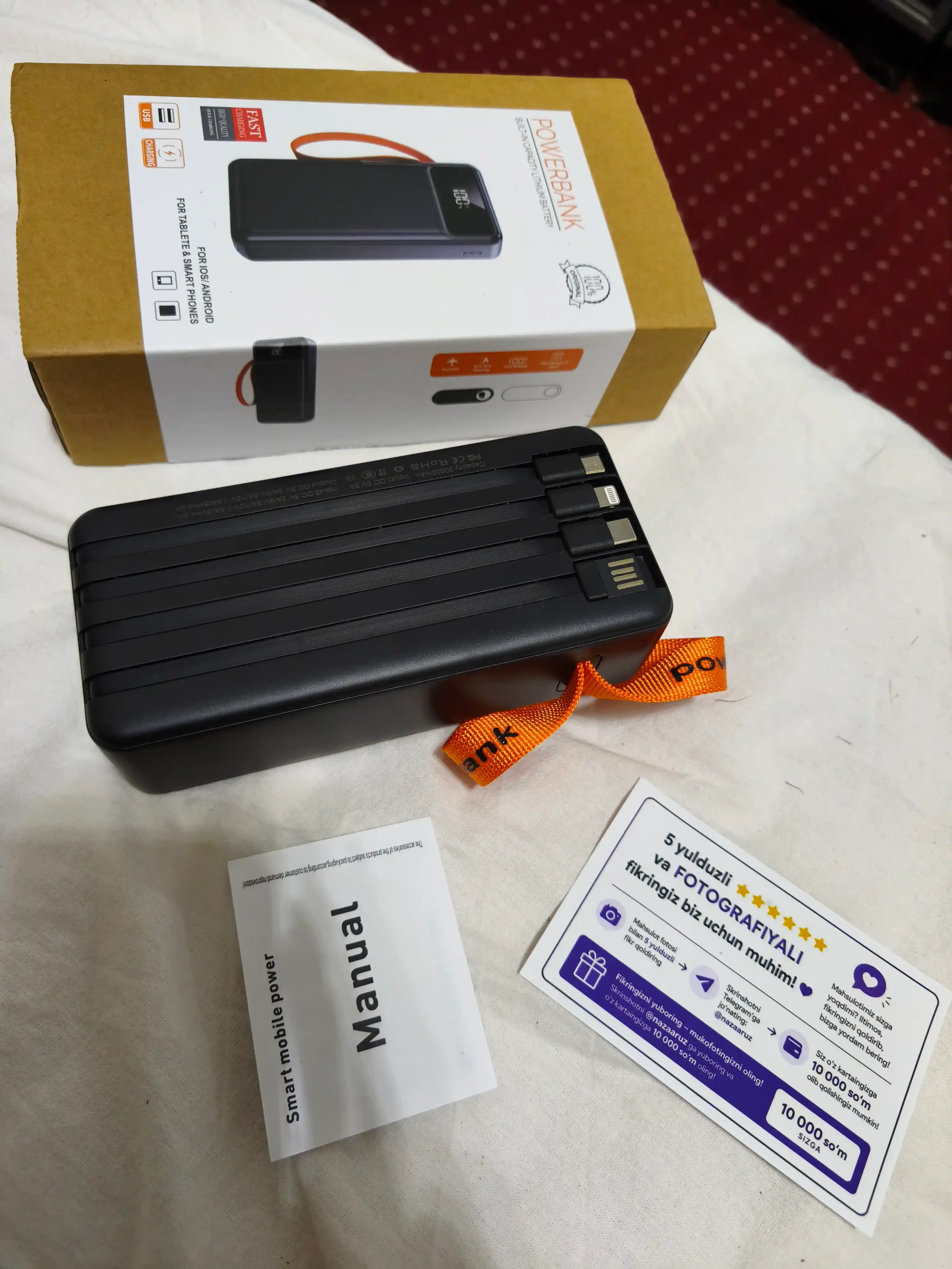 Power Bank 20000mA 66W tezkor quvvat bilan tashqi akkumulyatori +4 kabel bilan