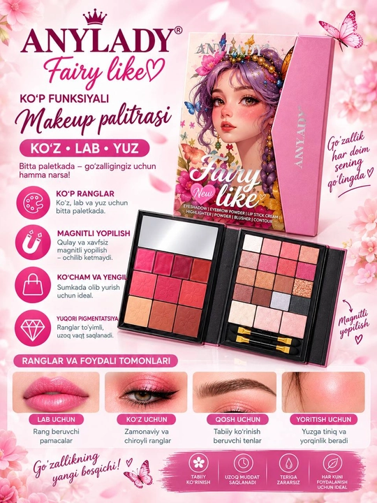 Fairy Like makiyaj paletkasi 4in1 ko‘z lab yuz uchun