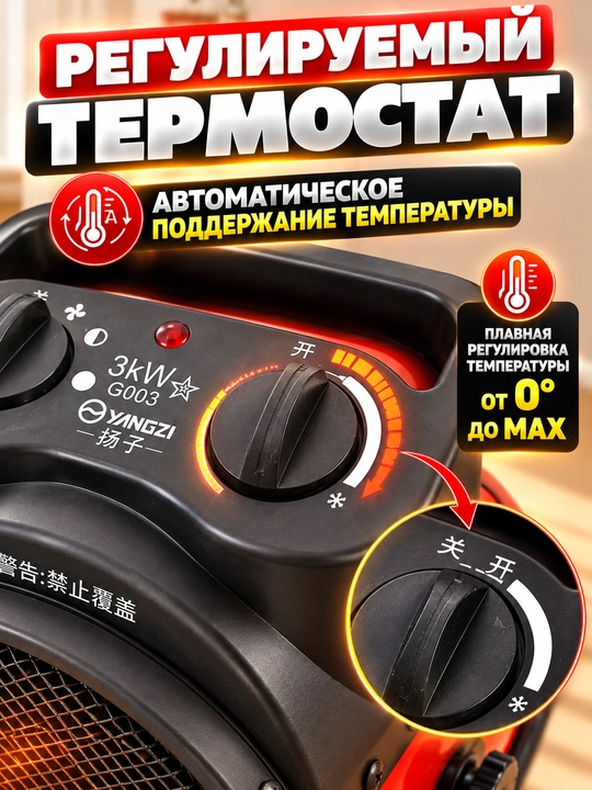 Электрический тепловентилятор 3000 Вт с термостатом и режимом вентиляции