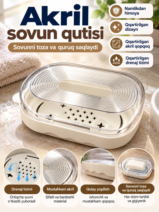 Akril sovun qutisi, drenajli sovun idishi, shaffof qopqoqli sovun saqlagich - 