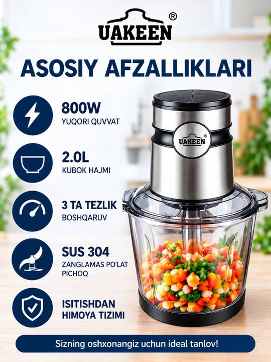 Uakeen elektr go'sht maydalagich, 800W, shisha idish 2.0 L, chopper blender