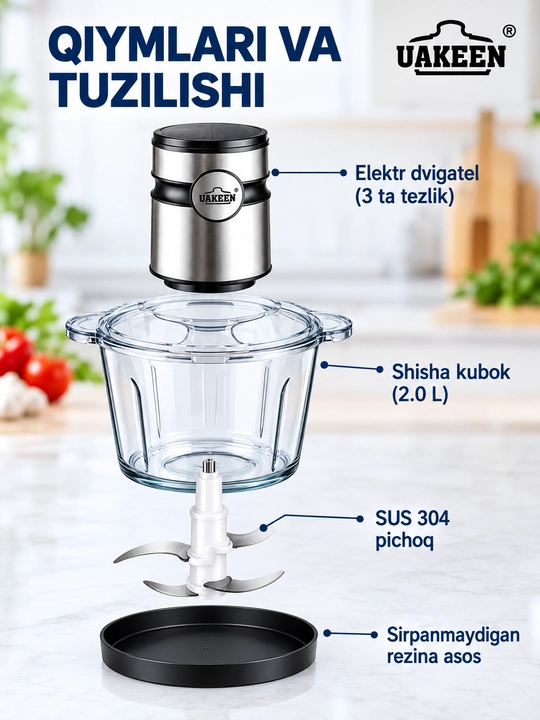 Uakeen elektr go'sht maydalagich, 800W, shisha idish 2.0 L, chopper blender