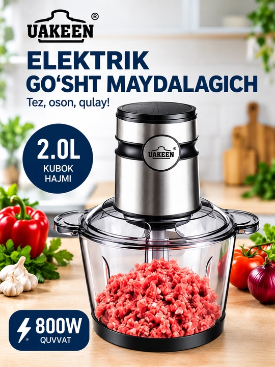 Uakeen elektr go'sht maydalagich, 800W, shisha idish 2.0 L, chopper blender - 