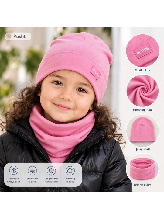 Bolalar shapka va snood to'plami 2in1 pushti trikotaj issiq qishki 1-2 yosh qizlar