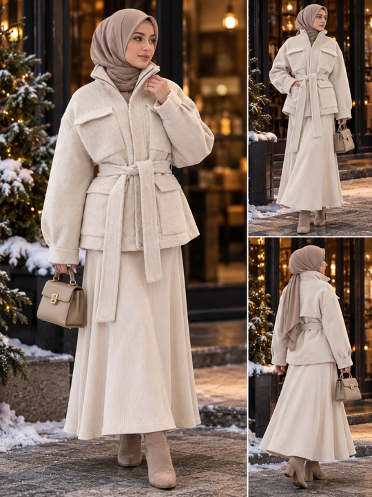 Ayollar uchun qisqa palto, belbog‘li, oversize, kuz-qish