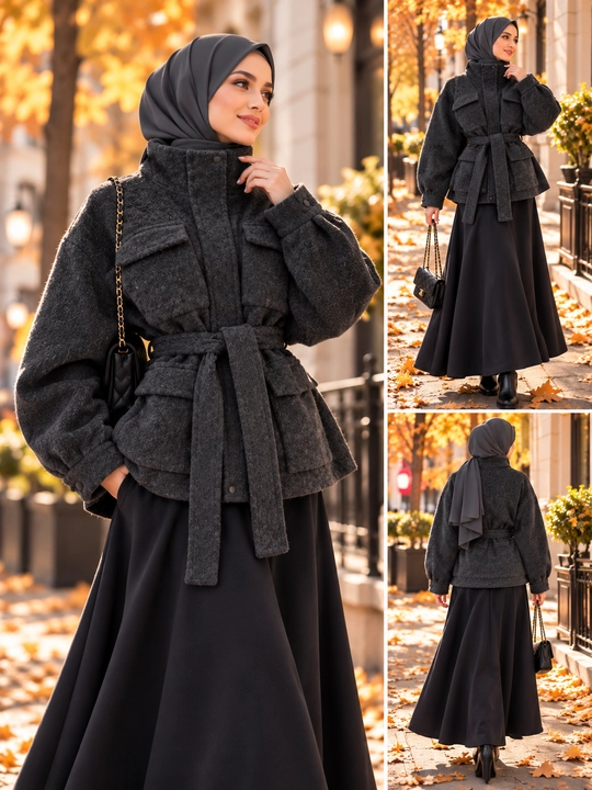 Ayollar uchun qisqa palto, belbog‘li, oversize, kuz-qish