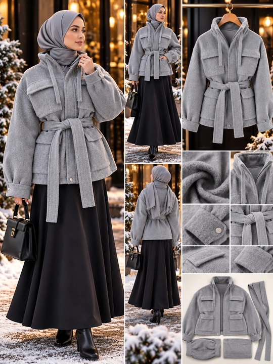Ayollar uchun qisqa palto, belbog‘li, oversize, kuz-qish