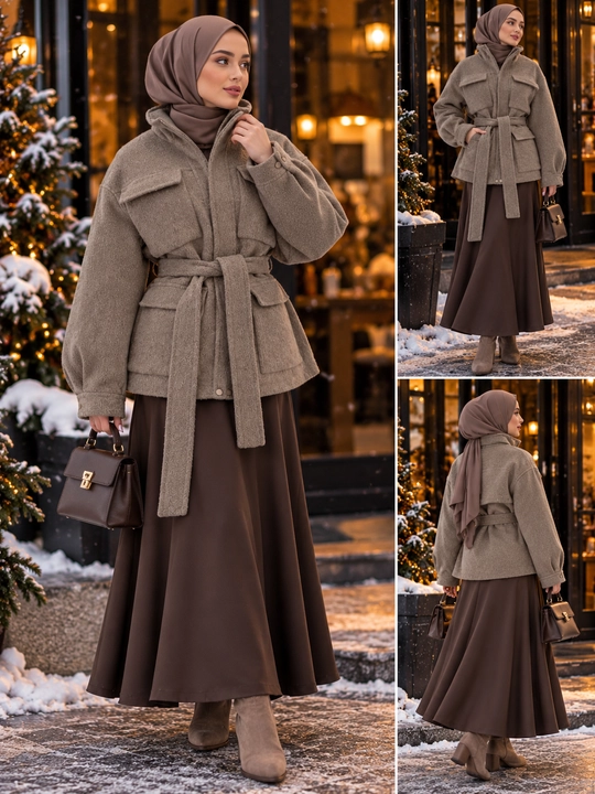 Ayollar uchun qisqa palto, belbog‘li, oversize, kuz-qish