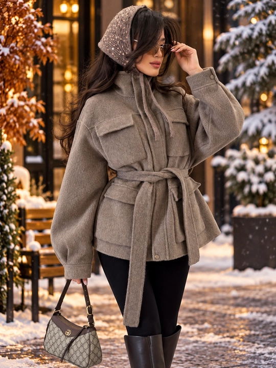 Ayollar uchun qisqa palto, belbog‘li, oversize, kuz-qish - 