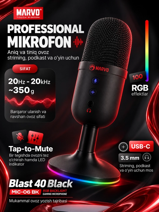 Микрофон MARVO Blast 40 Black для ПК — для игр, стриминга, онлайн-созвонов и записи звука