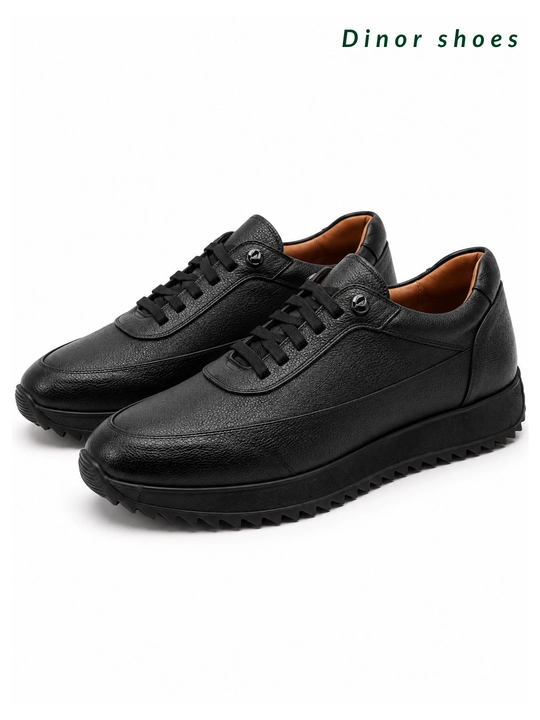 Erkaklar uchun tabiiy charm krossovka, qora, kundalik va klassik uslub, DINOR Shoes - 