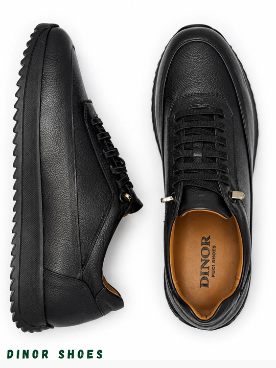 Erkaklar uchun tabiiy charmdan tikilgan qora krossovkalar — DINOR Shoes
