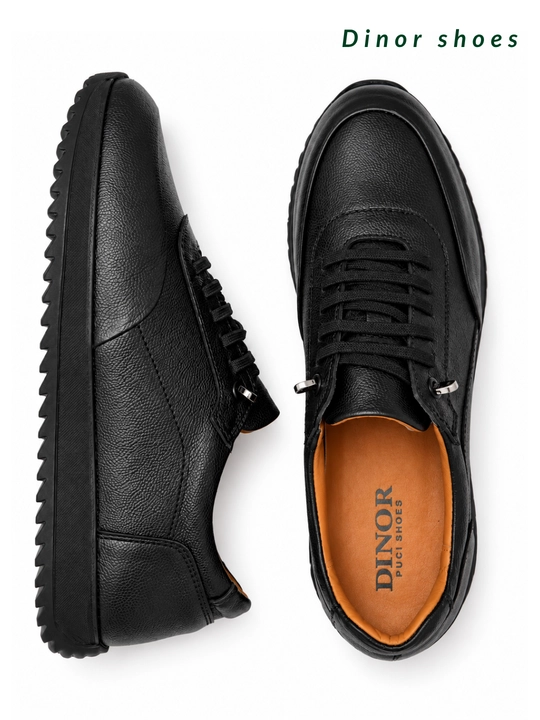 Erkaklar uchun tabiiy charmdan tikilgan qora krossovkalar — DINOR Shoes
