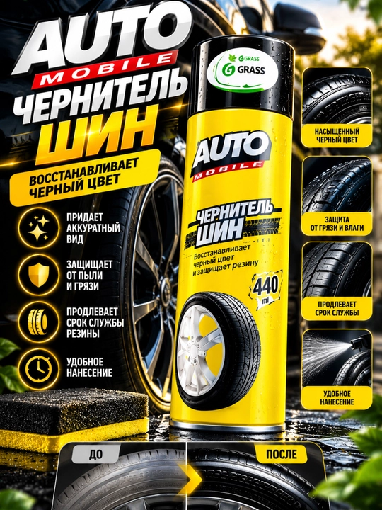 Чернитель шин, средство для шин, уход за резиной, чернение колес, GRASS Black Rubber