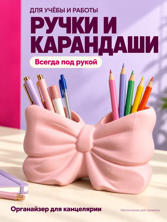 Органайзер-бант для ручек и кистей с двумя отделениями для стола, розовый