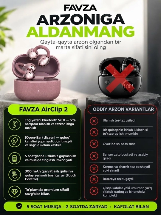 Favza airclip 2 - simsiz qulqochin, aktive hayot uchun naushnik