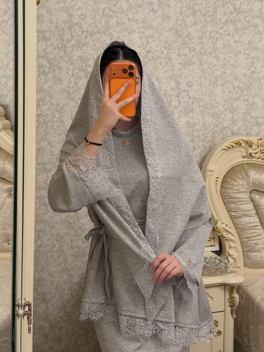 Royka 3 talik komplekt, Oysho matoli, uzun yubka, kofta va ro‘mol, nafis to‘rli, 44–52