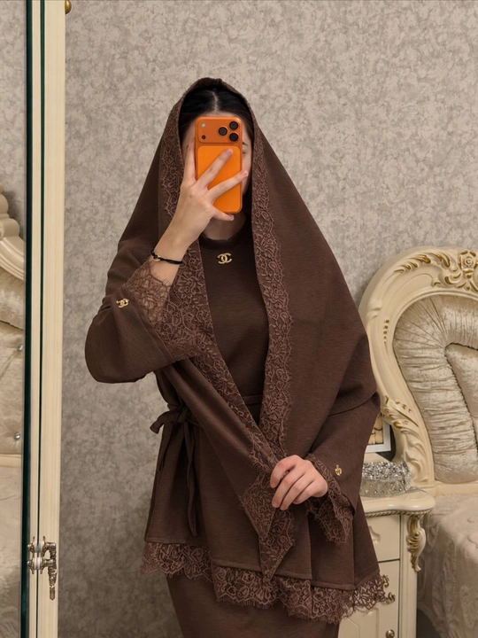 Royka 3 talik komplekt, Oysho matoli, uzun yubka, kofta va ro‘mol, nafis to‘rli, 44–52