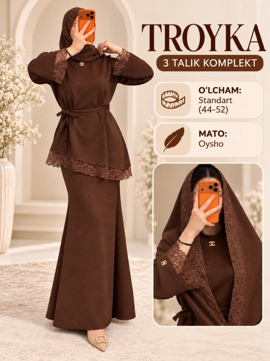 Royka 3 talik komplekt, Oysho matoli, uzun yubka, kofta va ro‘mol, nafis to‘rli, 44–52